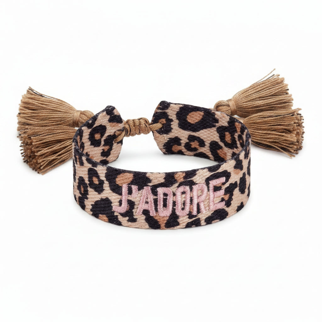 Bracelet "J'adore" leopard et rose clair reglable