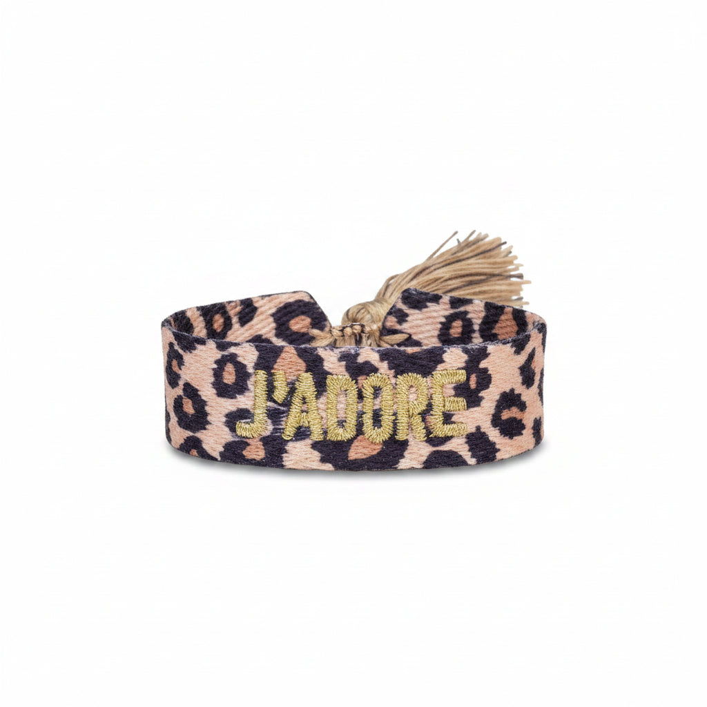 Bracelet "J’adore" leopard et doré ajustable