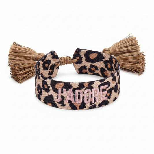 Bracelet "J'adore" leopard et rose clair reglable