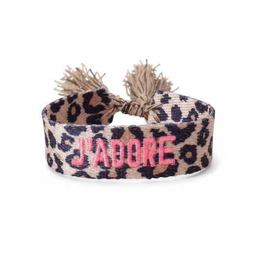Bracelet "J’adore" rose fluo et leopard