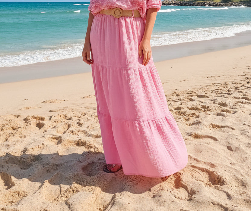 Jupe rose bohème en gaze de coton+ ceinture