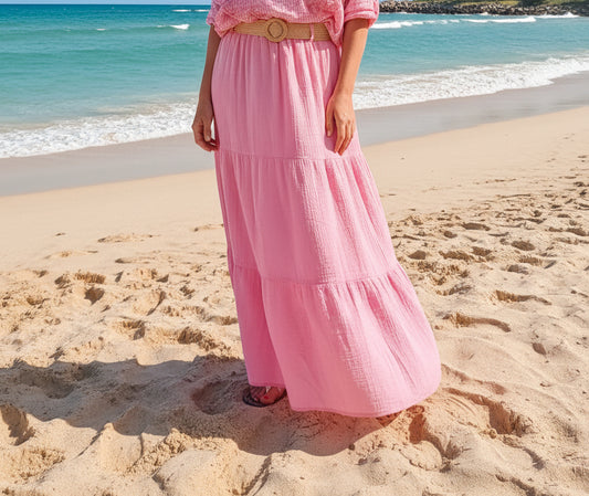 Jupe rose bohème en gaze de coton+ ceinture