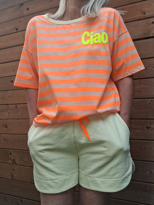 Tee shirt "CIAO" à rayures jaunes et oranges