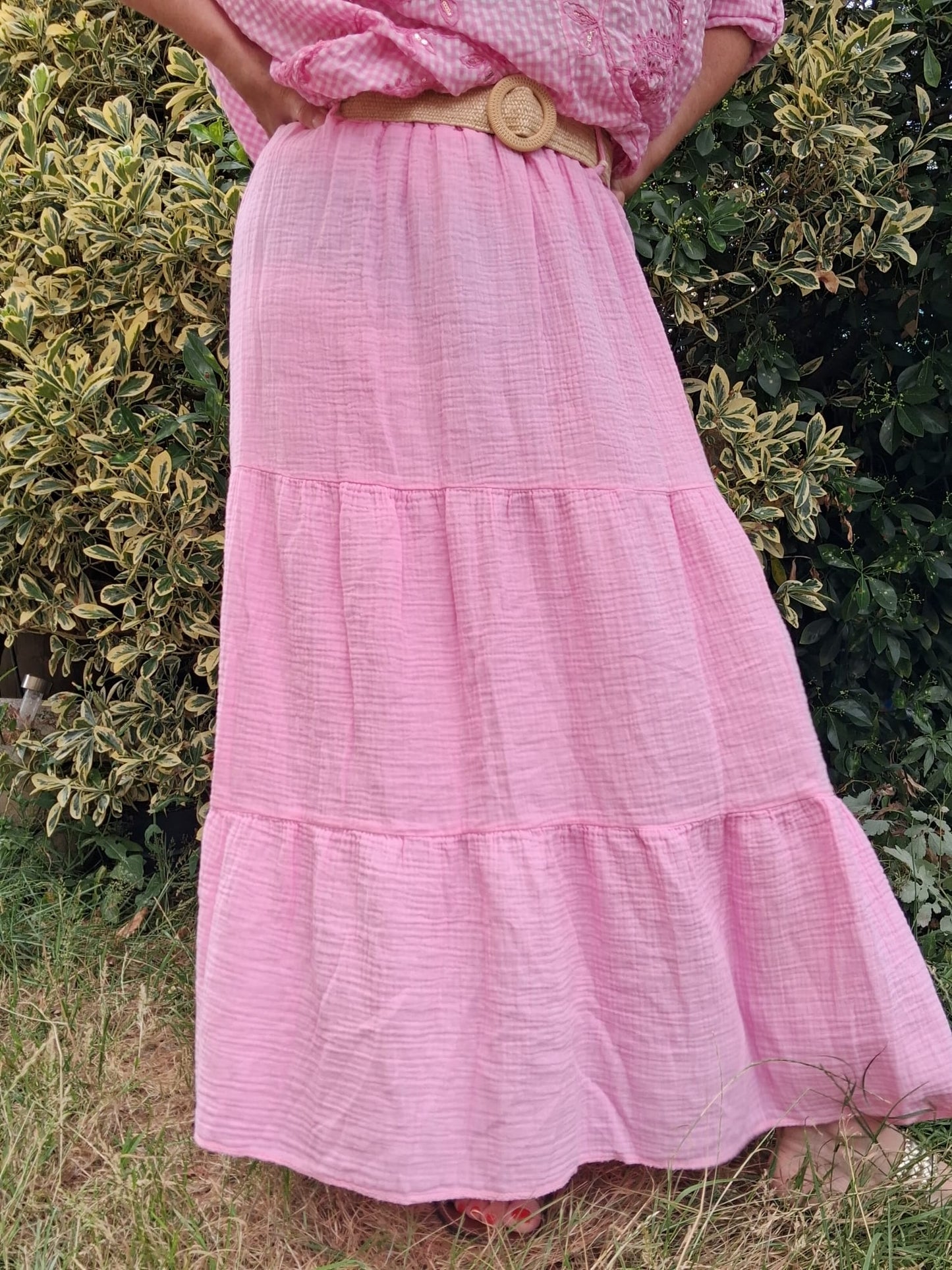 Jupe rose bohème en gaze de coton+ ceinture