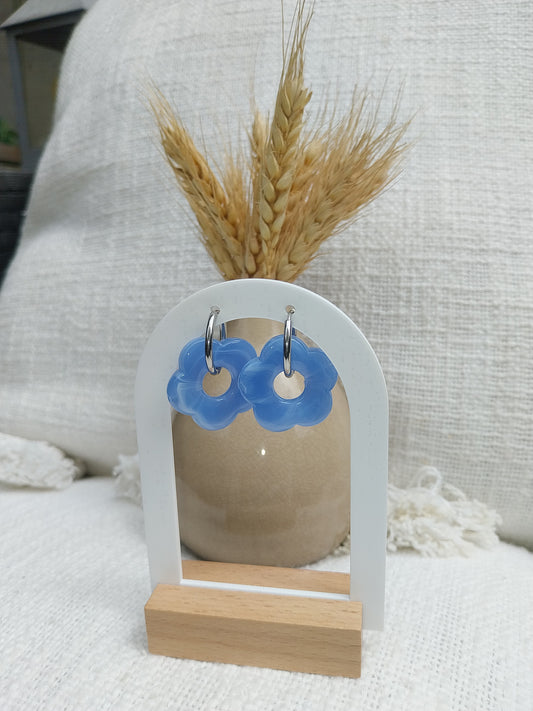 Boucles d'oreilles Bloom bleues en acier inoxydable anneaux: 1.5 cm couleur argent